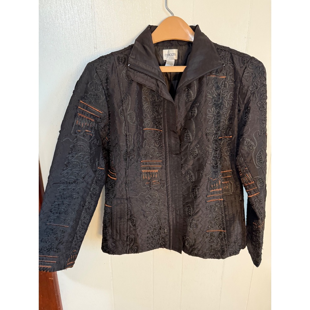 Chicos Black Embroidered Jacket Size 1 Blazer Women's Paisley Textured